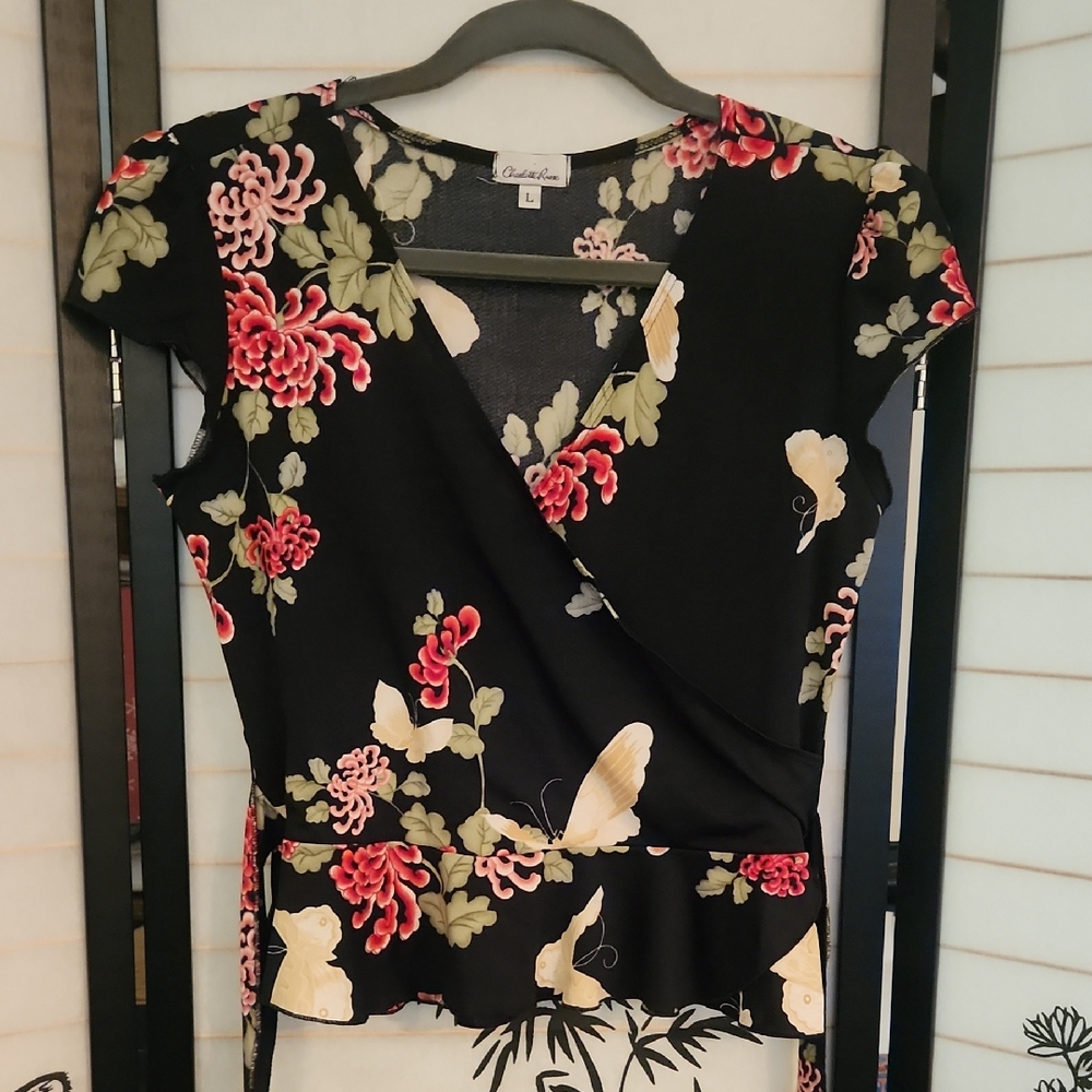 Charlotte Russe Chic Black Floral Faux Wrap Top EUC